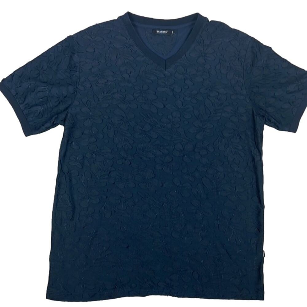 Barabas Textured Floral V Neck T Shirt Mens Blue Stretch Knit Designer Casual